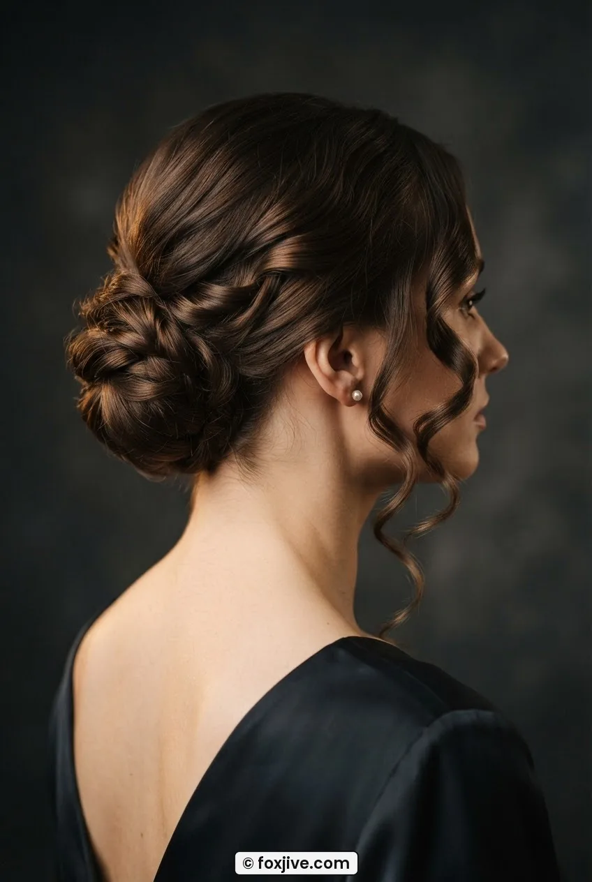 Woman viewed from behind showing low sculpted chignon with loose retro tendrils framing her face