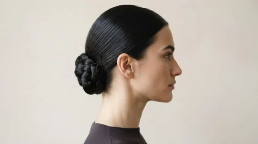 Woman in side profile wearing sleek low nape chignon against pale backdrop, crown to collarbone framing