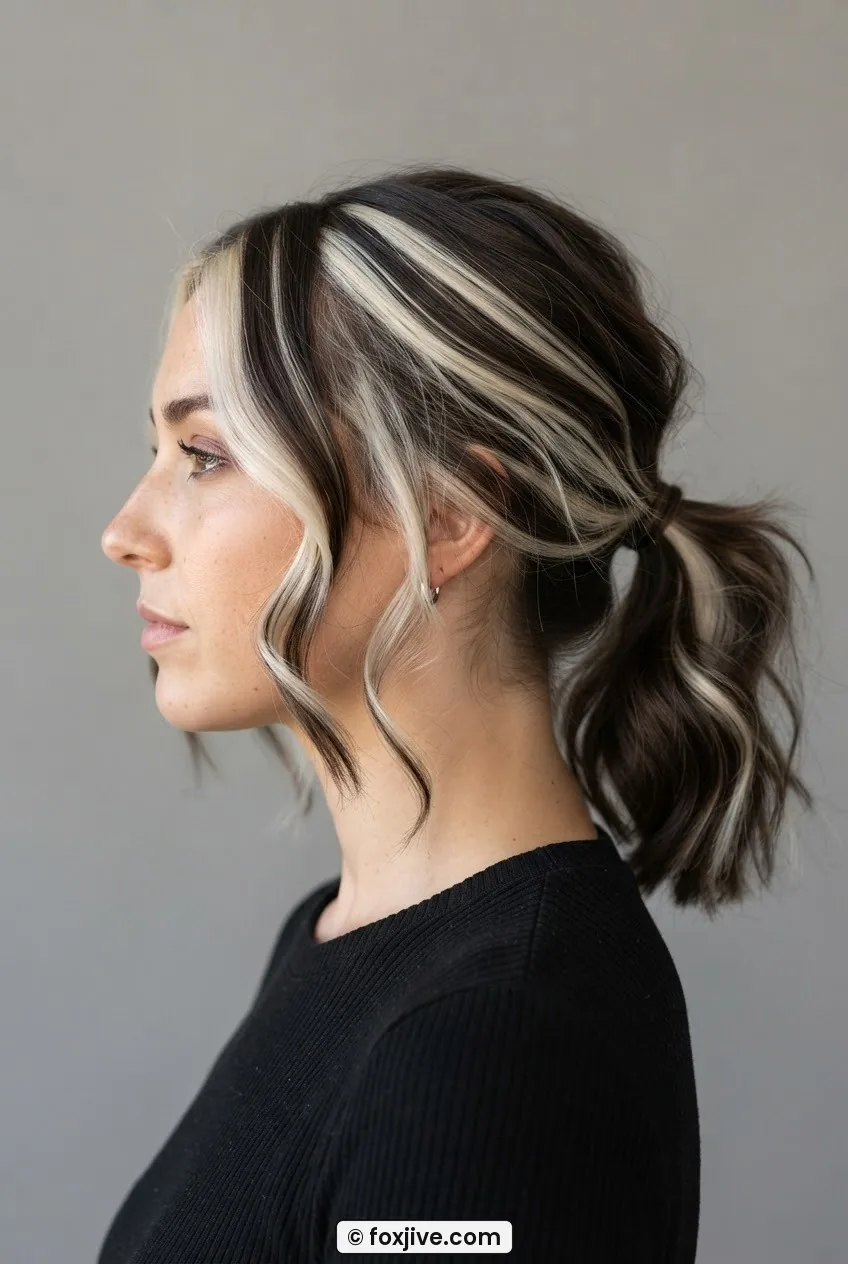 Woman with low loose ponytail and two softly wavy face-framing pieces left free at the front