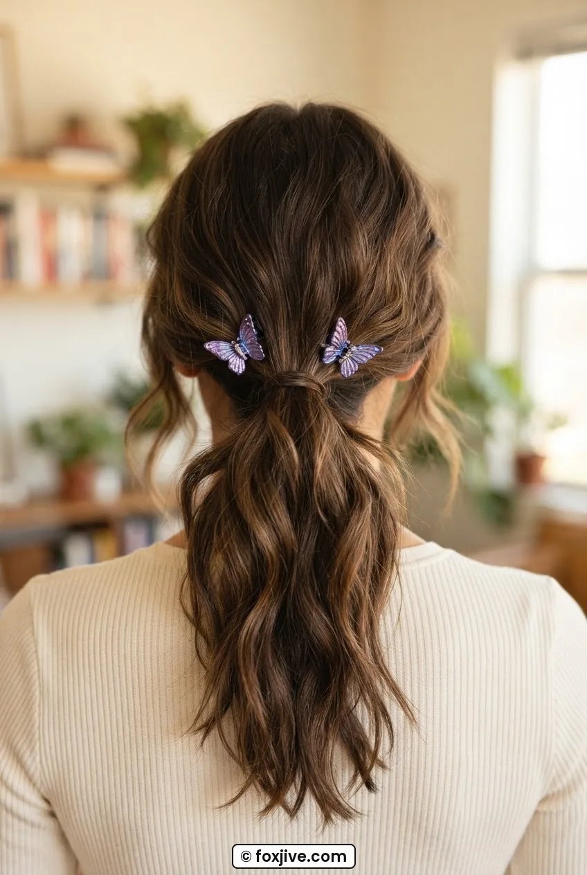 Back view of woman's low tousled ponytail with two small butterfly clips placed symmetrically on either side near the base