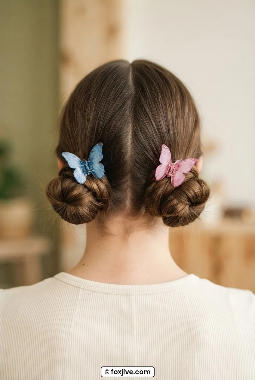 Back view of woman with two low space buns at ear height, each secured at the base with a butterfly clip instead of a hair tie