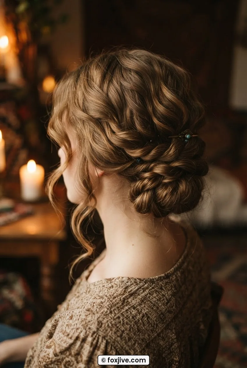 Close-up of woman with low twisted rope updo at nape showing visible texture and loose strands at hairline