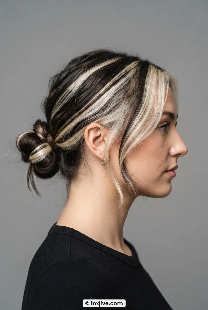 Woman with low-placed double space buns and loose face-framing pieces swept to one side