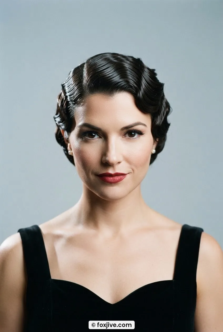Woman with deep sculpted Marcel waves across crown showing alternating S-bends under raking side light