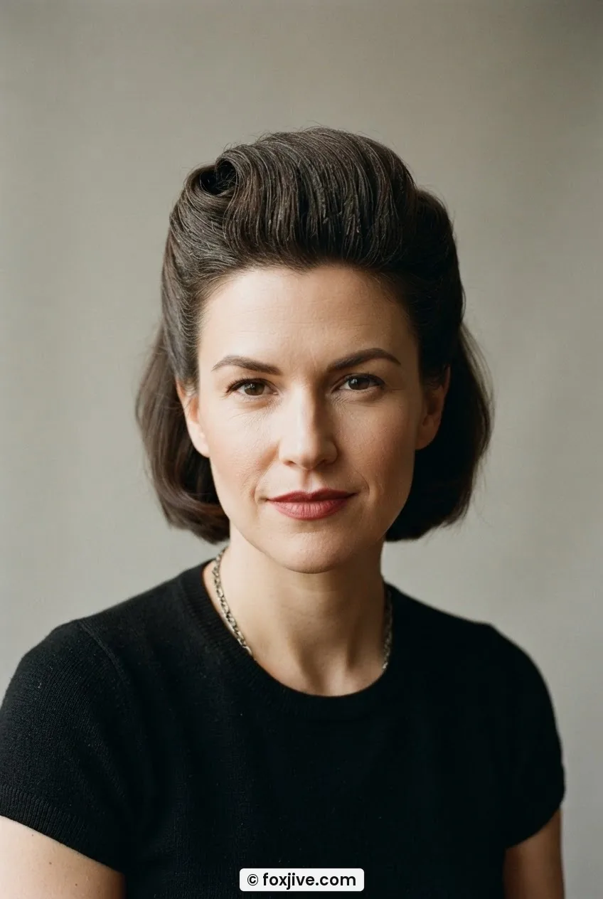 Woman with a matte-textured pompadour front, hair rolled back from the forehead with visible surface texture, neutral backdrop