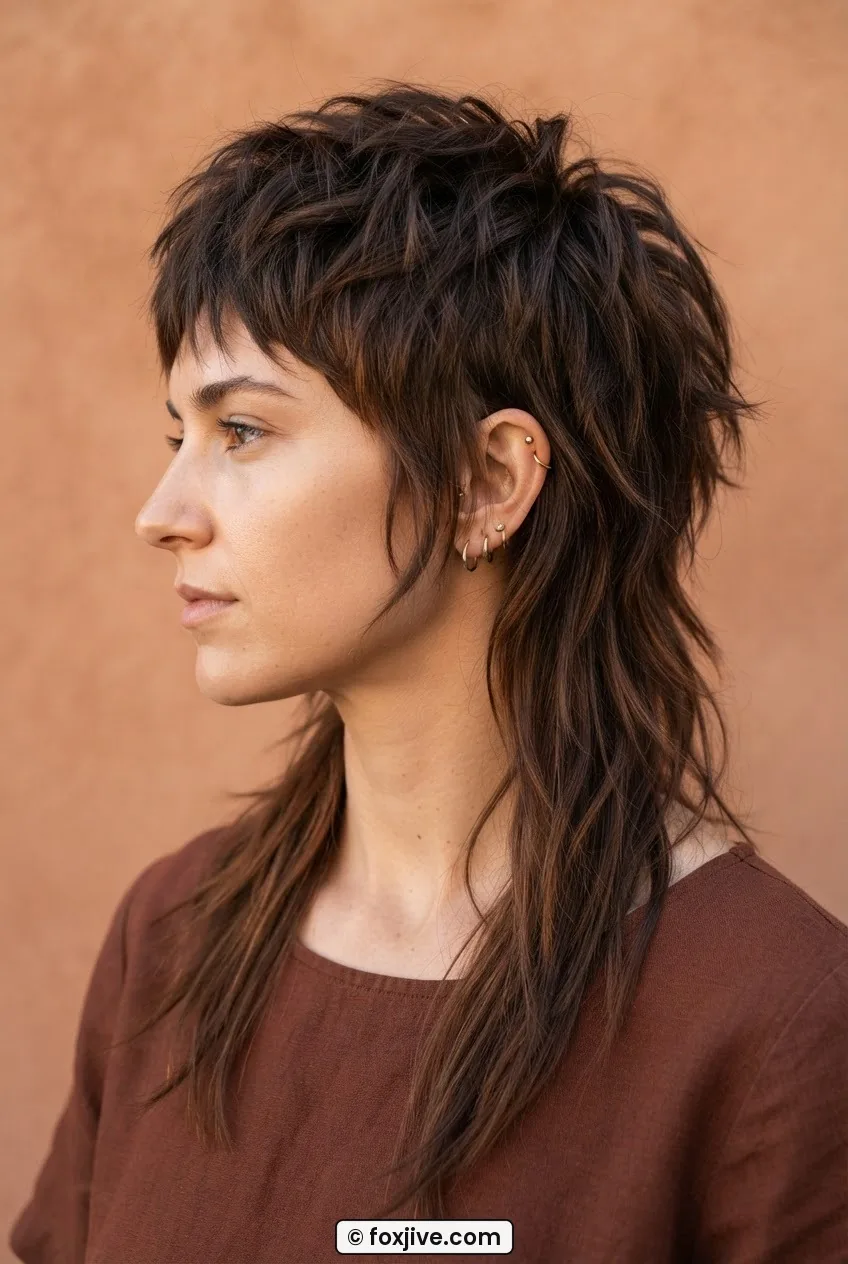 Woman with extreme maximum-layer shag showing stark contrast between short crown and long perimeter lengths