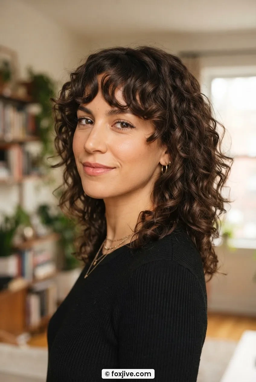 Woman with a medium-length nineties layered cut showing face-framing layers and curly texture in steps from cheekbone to collarbone