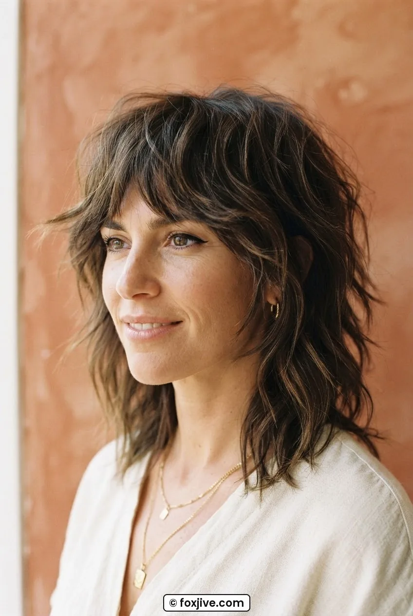 Woman with medium length tousled lived-in shag layers at the shoulder in relaxed natural lighting