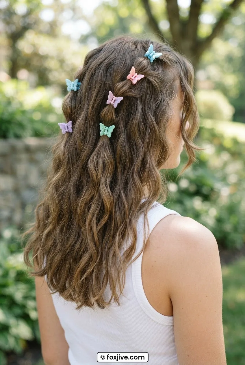 Three quarter back view of woman with loose waves and four pastel mini butterfly clips scattered asymmetrically through her top hair section