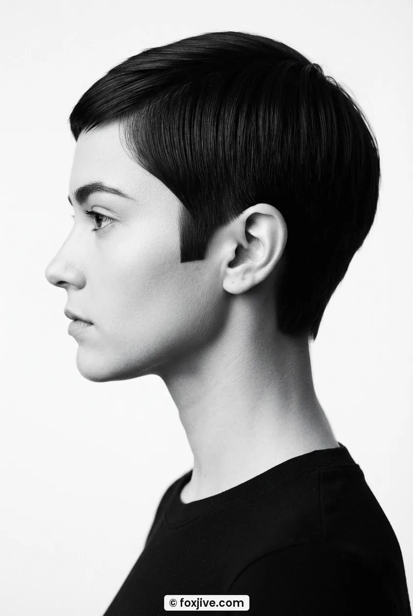 Woman in side profile with razor-sharp mod pixie and defined sideburn geometry under hard studio light