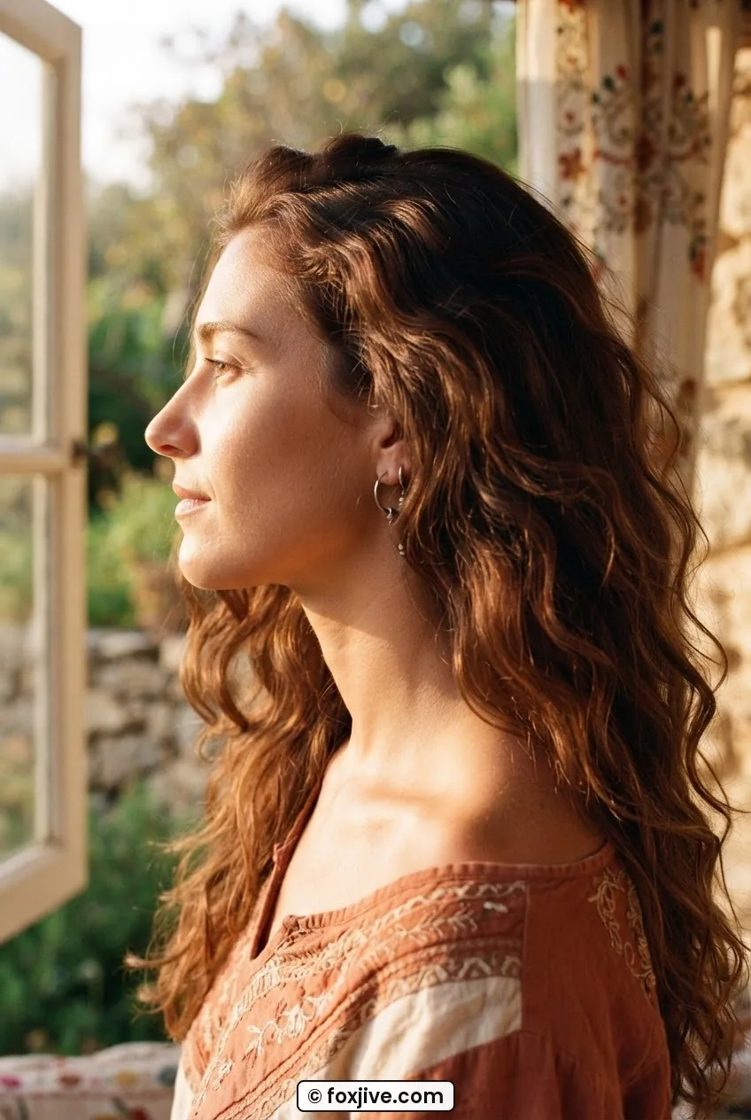 Side profile of woman with long natural waves defined by hand showing subtle oil sheen in warm golden light