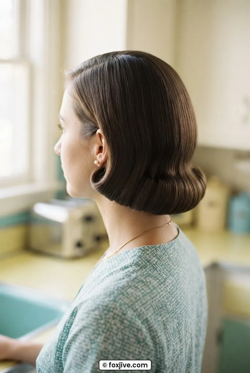 Woman with shoulder-length hair rolled neatly under in smooth neck roll viewed from slight back angle