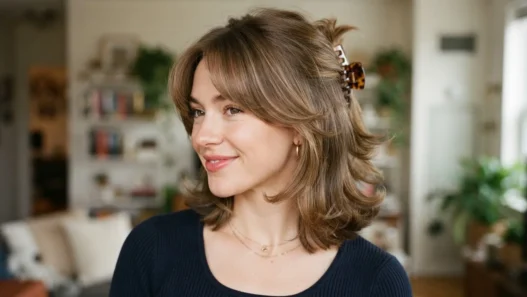 Woman with square nineties layered cut and claw clip crown showing face-framing curtain bangs falling freely forward