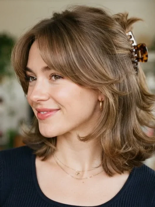 Woman with square nineties layered cut and claw clip crown showing face-framing curtain bangs falling freely forward