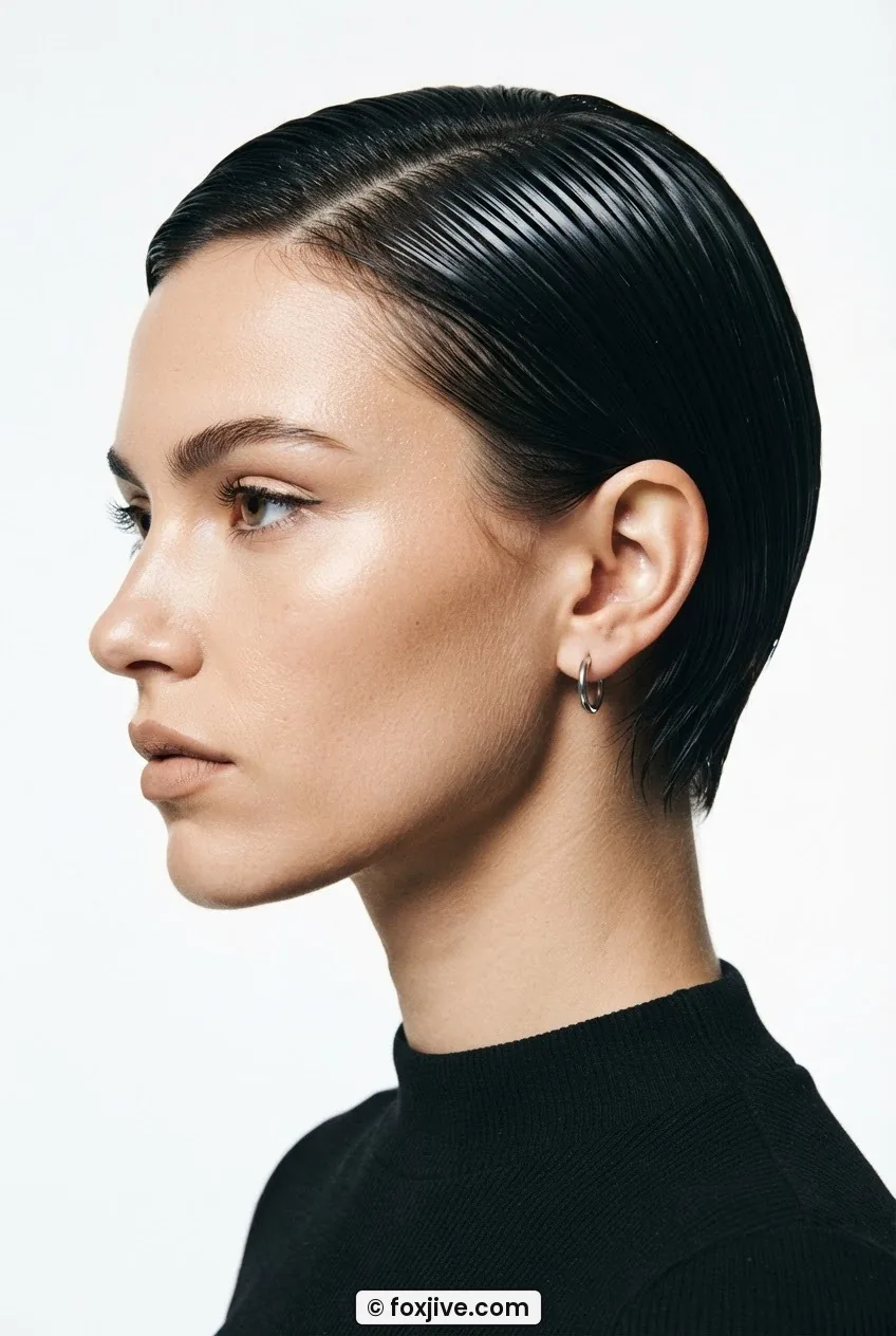 Woman with nineties sleek revival short crop showing wet-look gloss finish reflecting studio light in three-quarter profile
