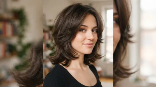 Woman with square-layered nineties cut showing face-framing layers and flicked ends at collarbone level in soft even light