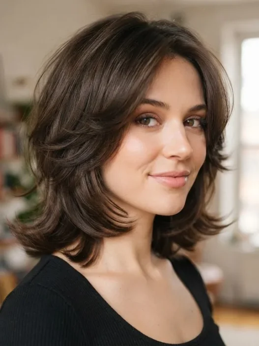 Woman with square-layered nineties cut showing face-framing layers and flicked ends at collarbone level in soft even light