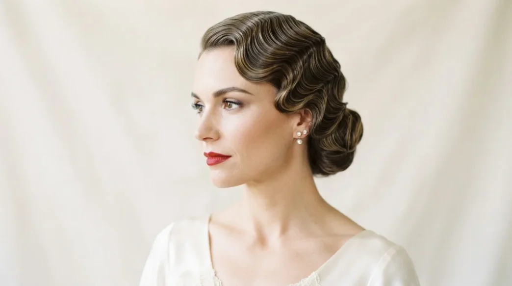 Woman with sleek 1930s Old Hollywood finger waves in bridal styling against soft ivory background