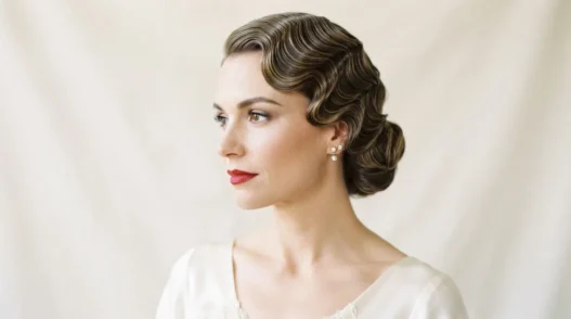 Woman with sleek 1930s Old Hollywood finger waves in bridal styling against soft ivory background