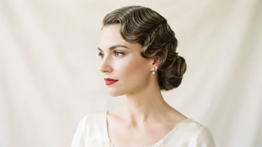 Woman with sleek 1930s Old Hollywood finger waves in bridal styling against soft ivory background