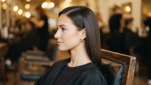 Woman with smooth side-parted hair sitting in a vintage salon chair under warm tungsten light, ready to be set