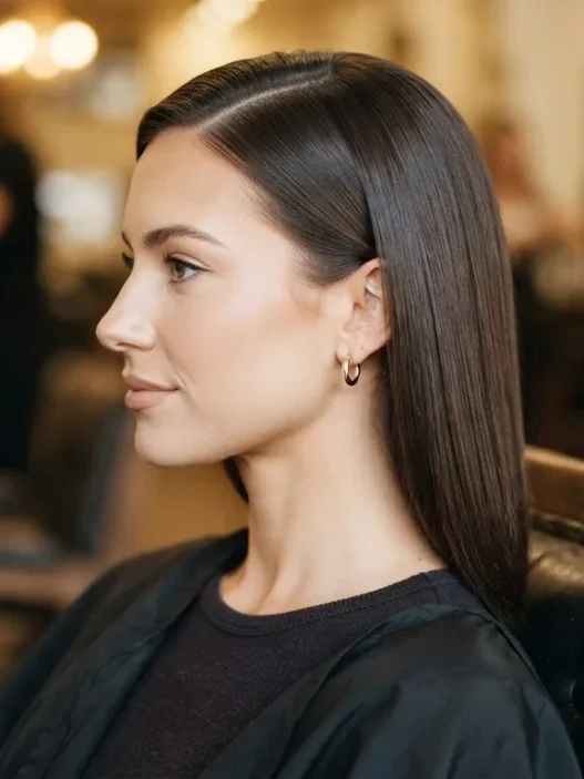 Woman with smooth side-parted hair sitting in a vintage salon chair under warm tungsten light, ready to be set