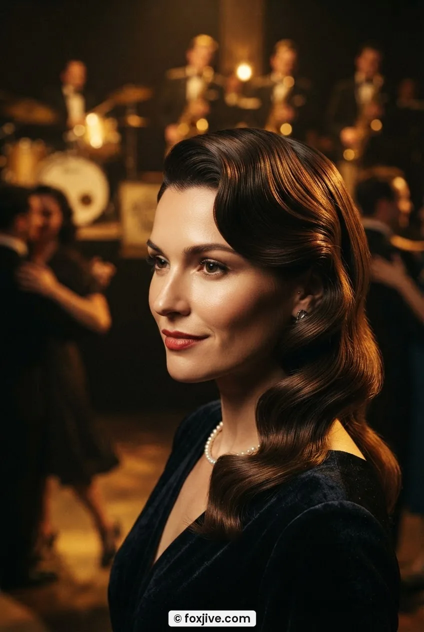Woman with 1930s old Hollywood wave draped over shoulder, sleek pinned side, warm amber stage light