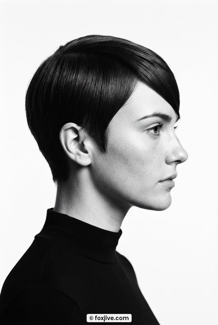 Woman with one-inch mod pixie showing crown hair swept forward in a classic sixties point under hard studio light
