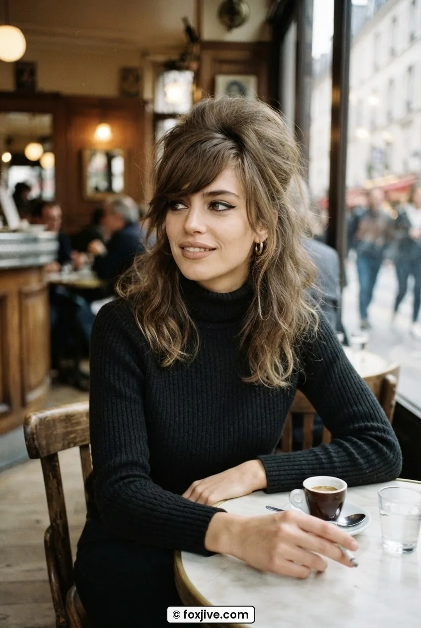 Three-quarter portrait of woman with overgrown side-swept fringe and backcombed crown volume in mid-1960s styling