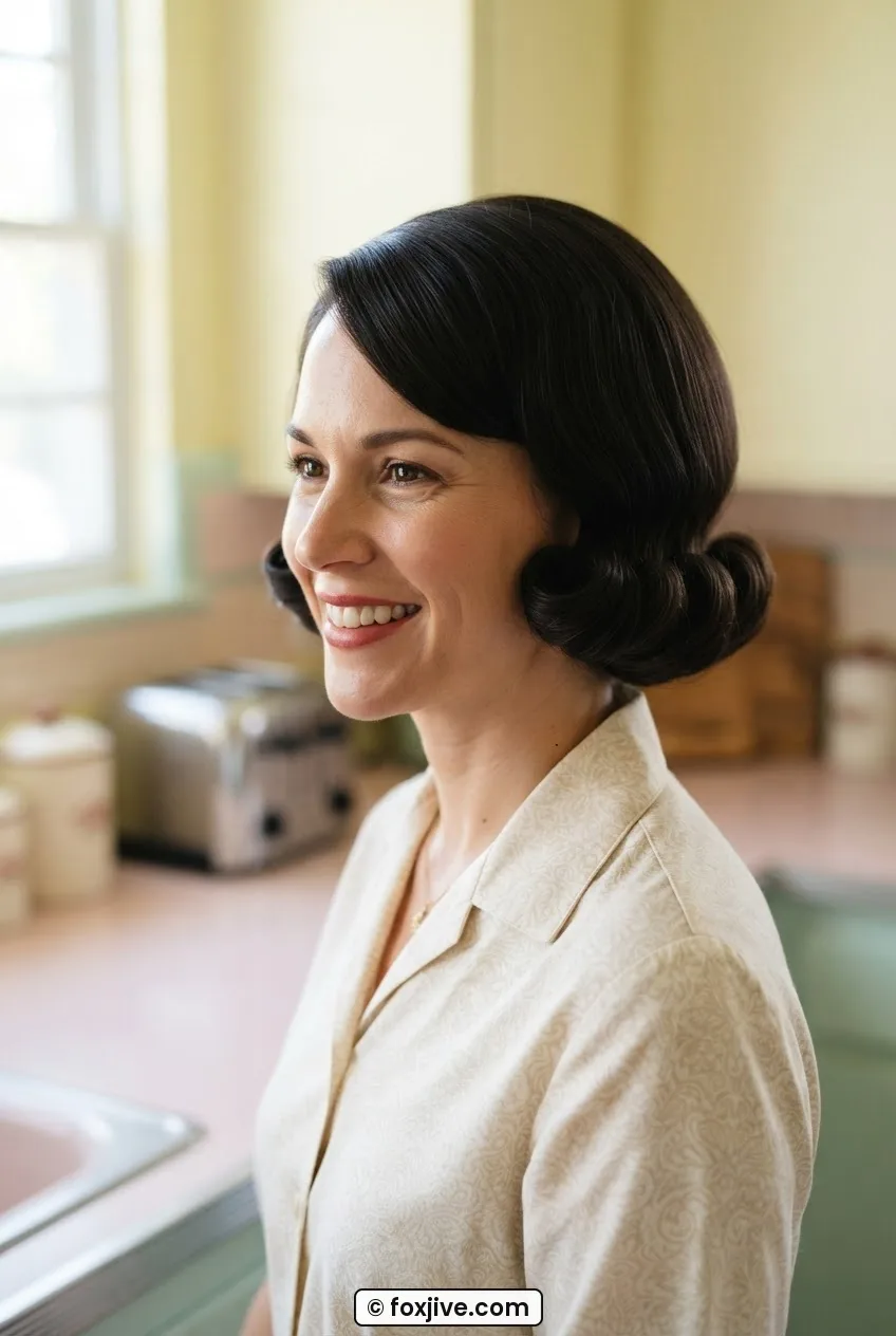 Woman with chin-length pageboy haircut with ends uniformly curled under in smooth rounded silhouette