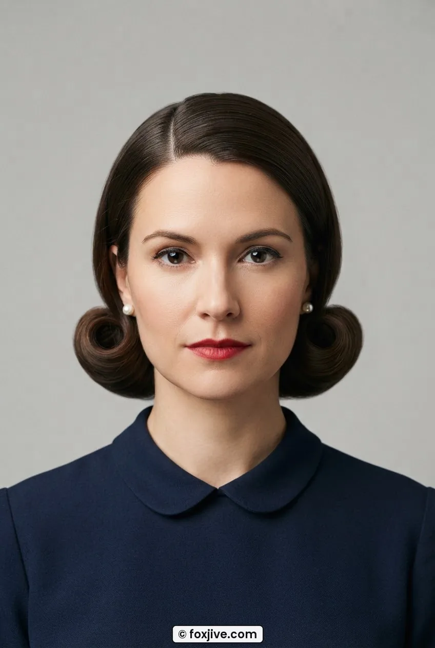Woman with 1940s pageboy hairstyle showing ends curling cleanly under at jaw length with center part