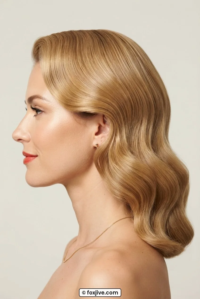 Woman with honey blonde pin-curl set brushed out into broad sweeping waves, smooth glassy surface visible in bright flat studio light