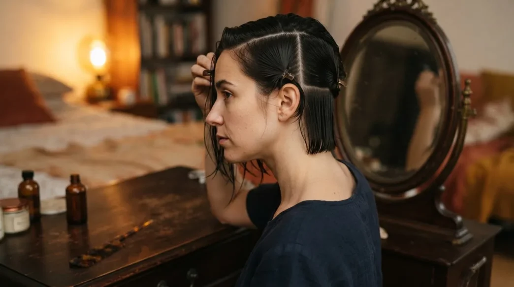 Woman at vintage dressing table with damp hair combed smooth into zones before pin curl setting begins