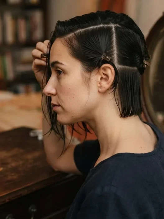 Woman at vintage dressing table with damp hair combed smooth into zones before pin curl setting begins