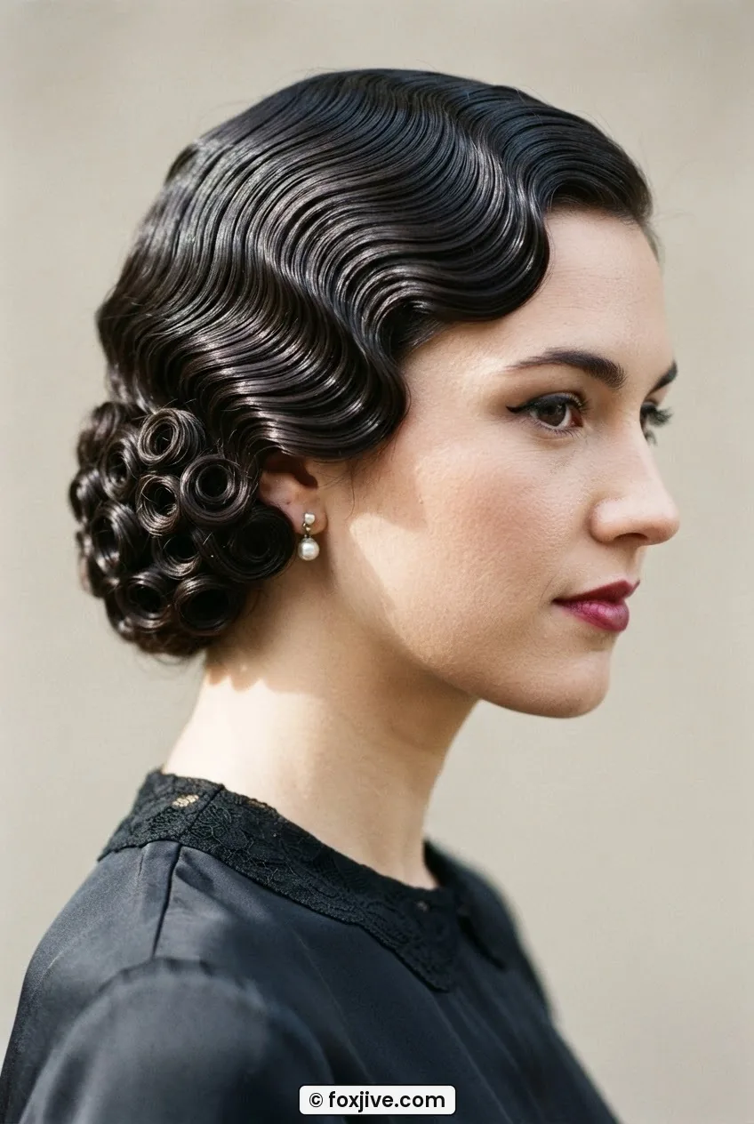Woman with 1920s finger wave set showing flat pin curl cluster pressed smooth against the nape below wave ridges