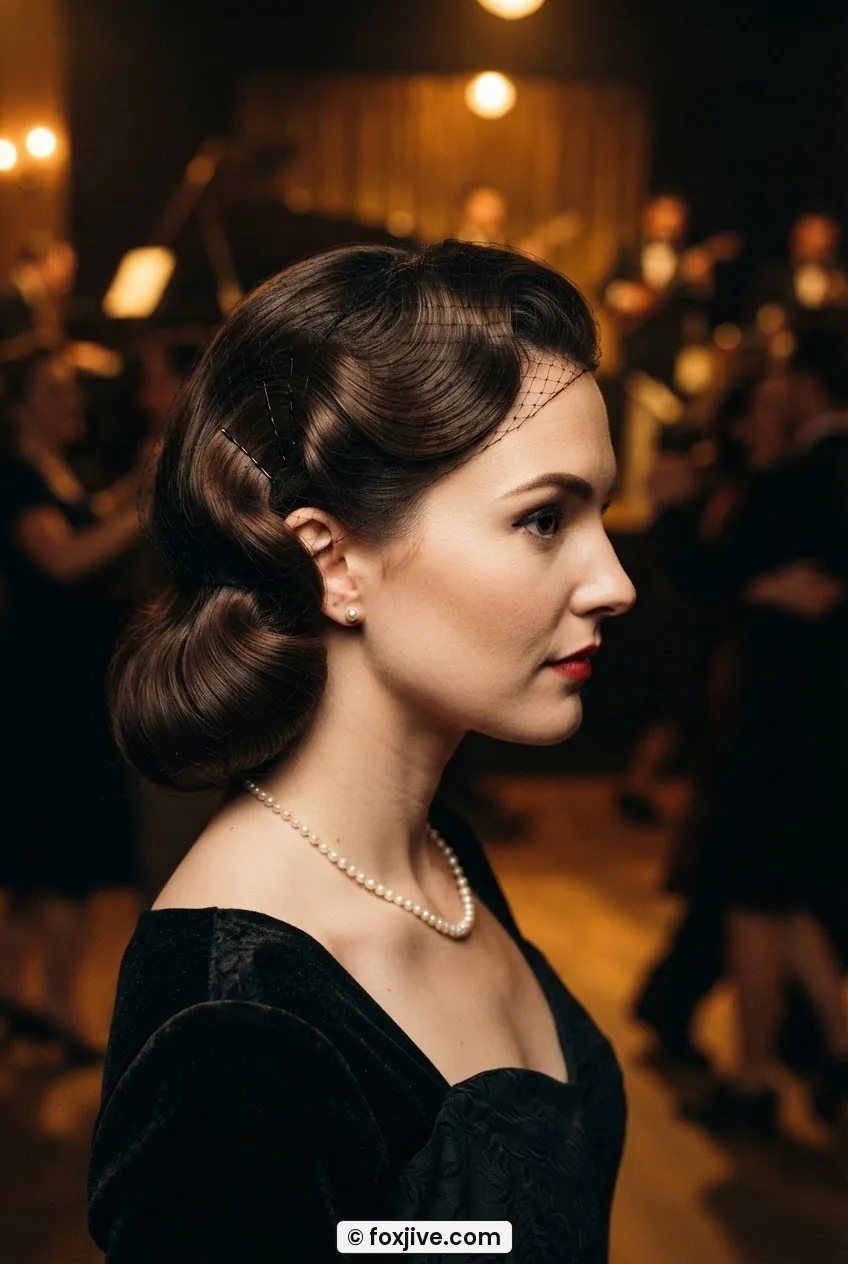 Woman with 1940s pin curl set, soft uniform wave pattern, warm amber stage light glowing on curls