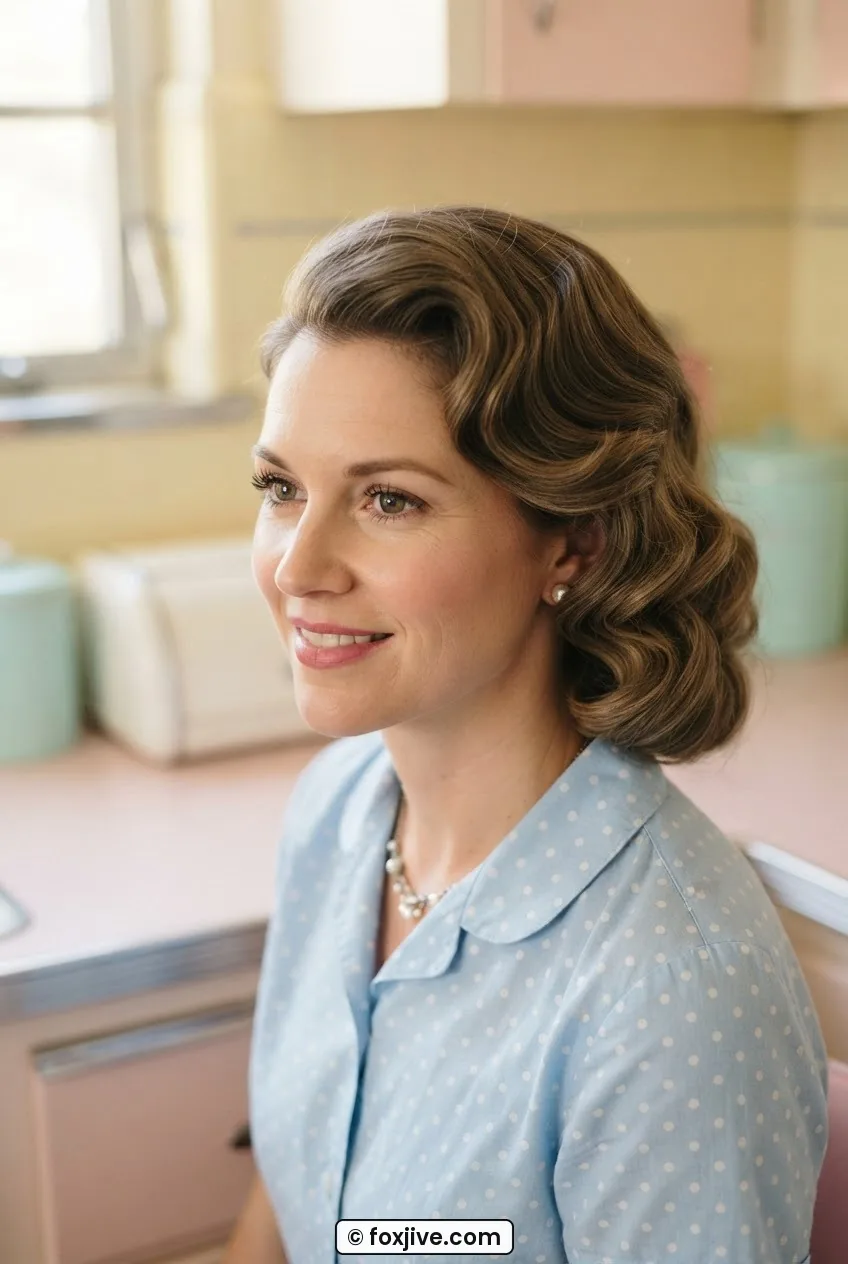 Woman with pin curl set brushed into loose rounded waves with soft bounce in mid-century kitchen setting