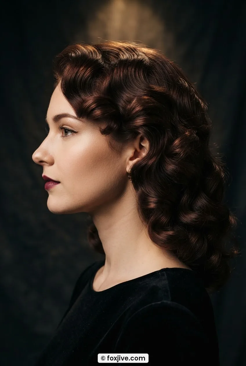 Woman in side profile with soft released pin curls worn full and bouncy under warm spotlight