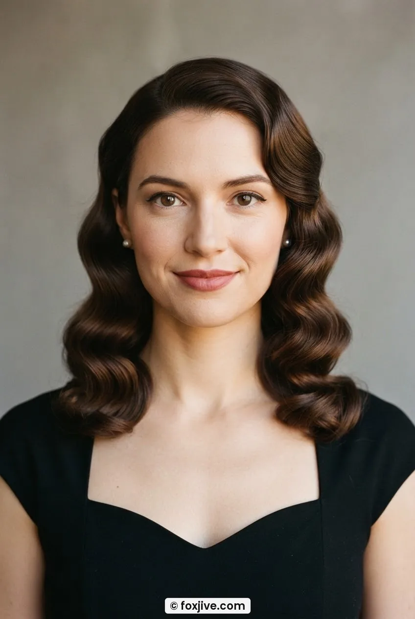 Woman with pin curl set released and brushed into alternating soft S-waves at mid length