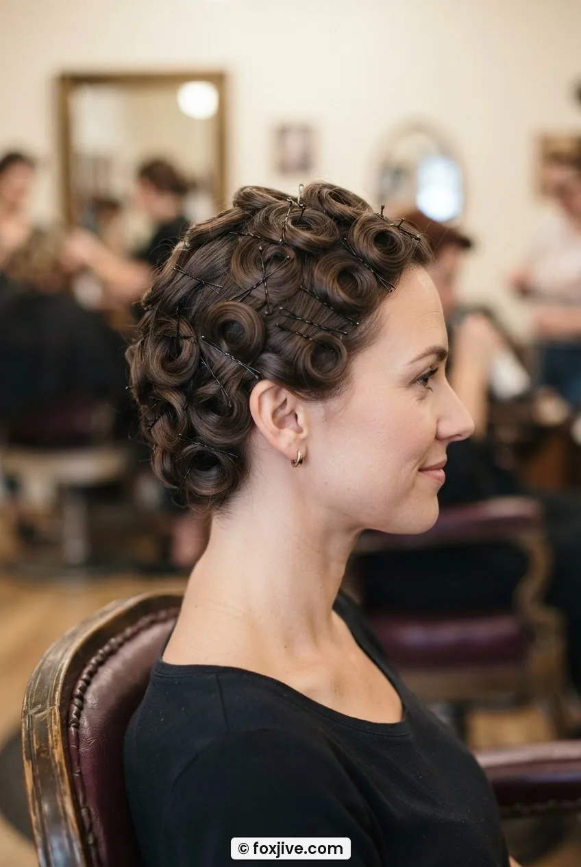 Side profile of a woman with her whole head covered in flat coiled pin curls secured with crossed bobby pins cooling