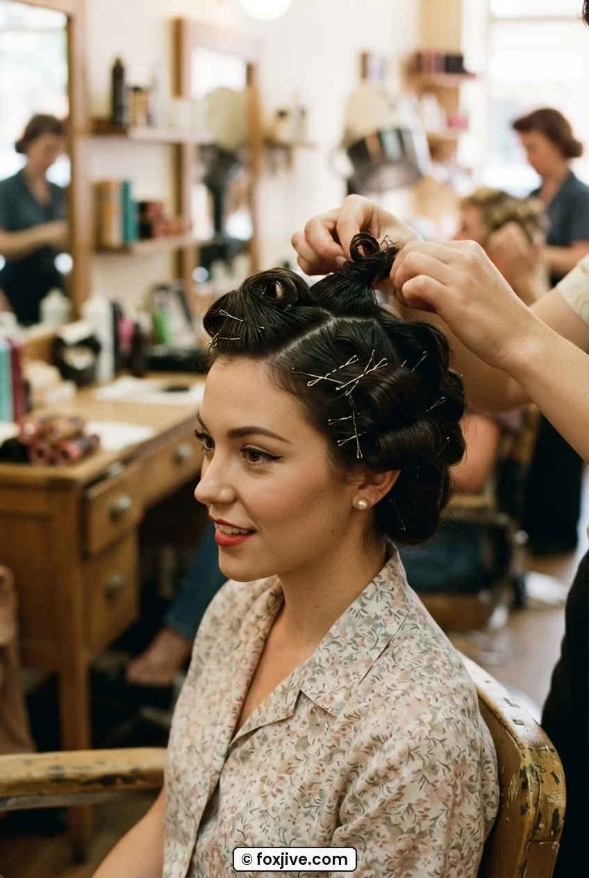 Woman mid-process with 1950s pin-up style, pin curls being formed at the crown under warm salon lighting