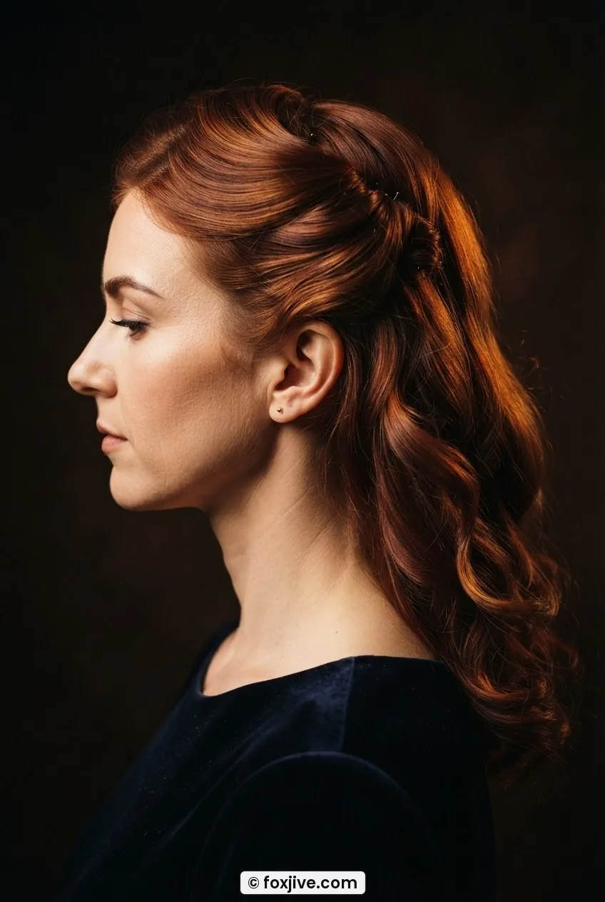 Woman with softly pinned half-up vintage auburn-red style lit with warm copper gel against dark chocolate background