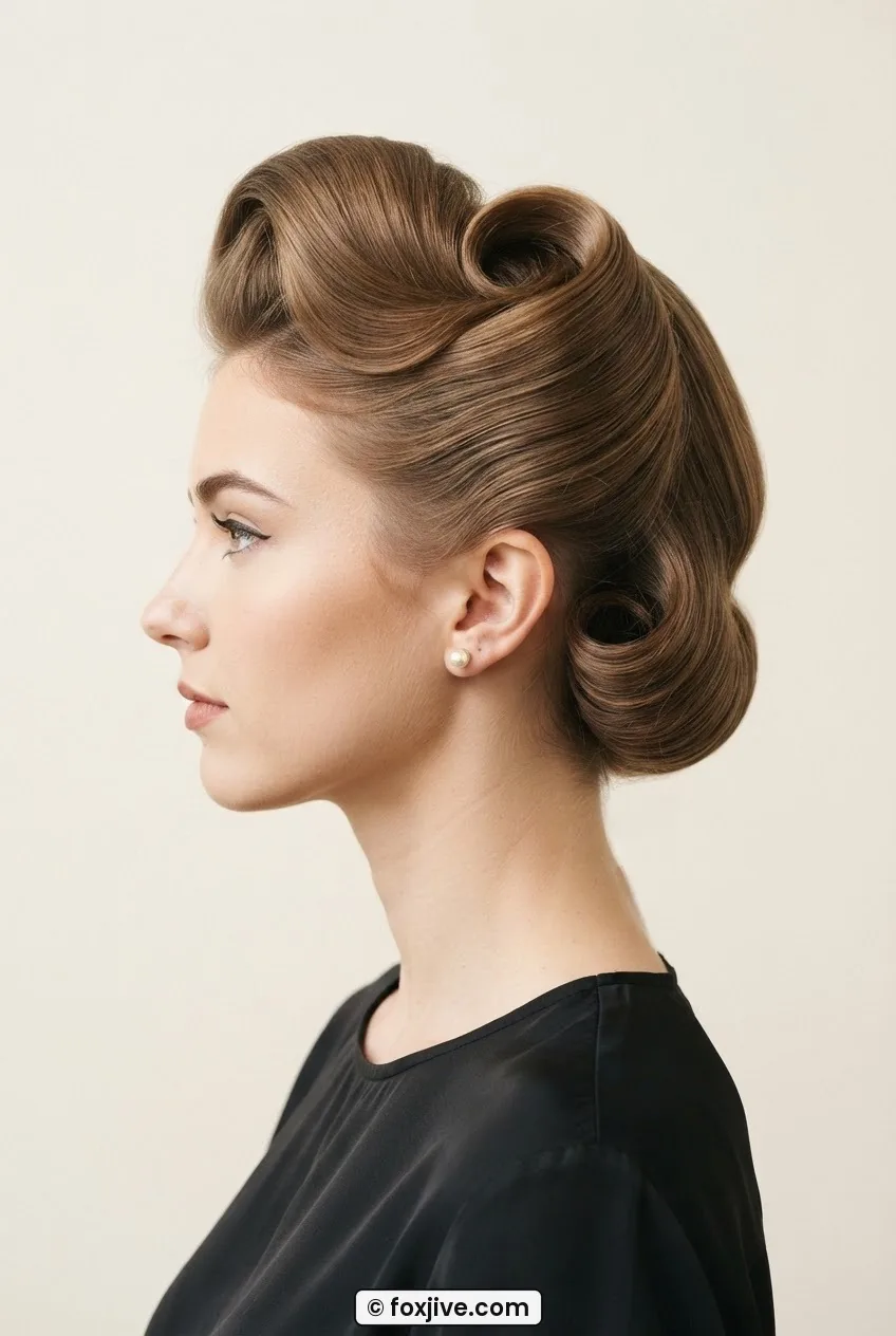 Woman in side profile with a 1950s pompadour swoop showing lifted arc above the hairline in soft light