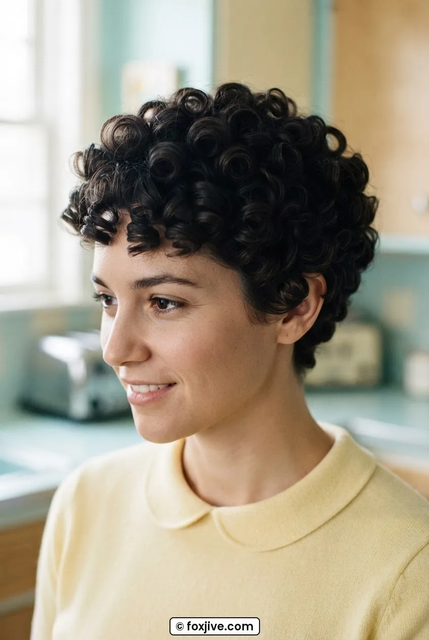 Woman with short tightly coiled poodle cut curls stacked and rounded fullest at crown and temples