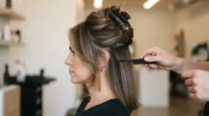 Woman with shoulder-length hair in large top section clipped up before blowout, lower panels loose, bright working light