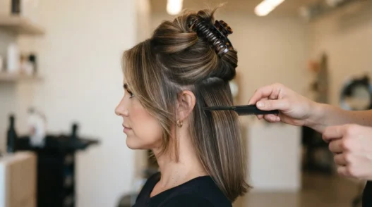 Woman with shoulder-length hair in large top section clipped up before blowout, lower panels loose, bright working light