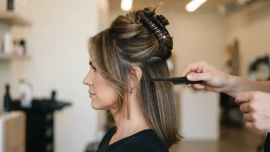 Woman with shoulder-length hair in large top section clipped up before blowout, lower panels loose, bright working light