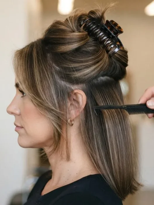 Woman with shoulder-length hair in large top section clipped up before blowout, lower panels loose, bright working light