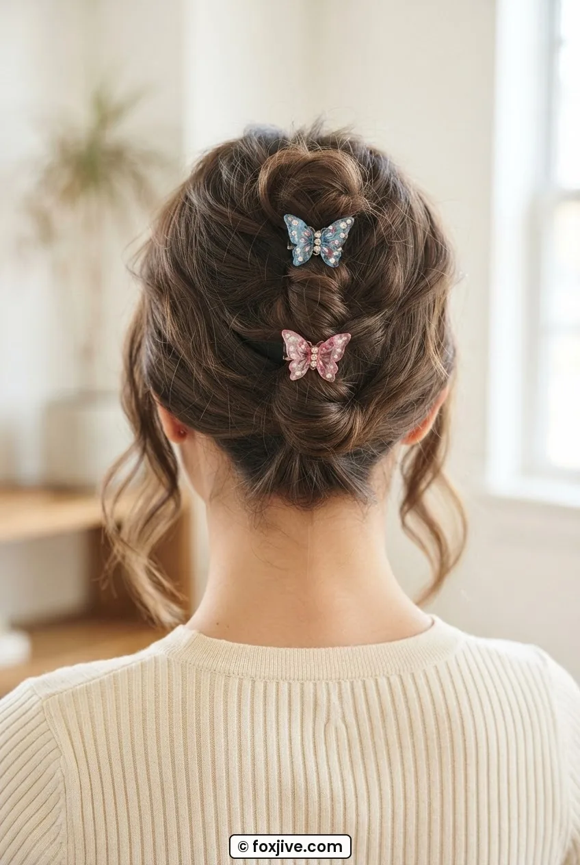 Back view of woman's slightly undone French twist held along the fold by two evenly spaced butterfly clips in natural light