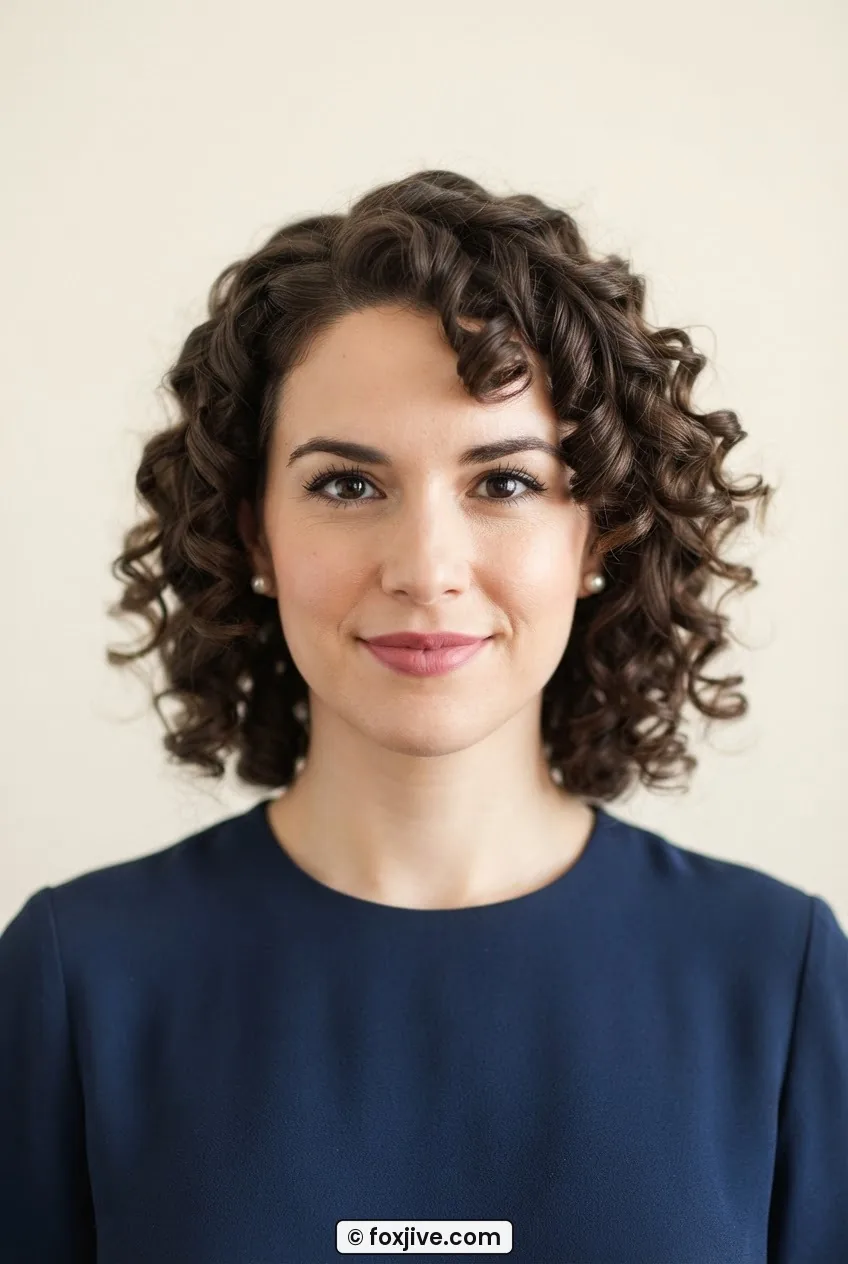 Woman with released pin curls left in spiral formation framing her face, defined coils with soft shine, cream background